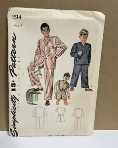 Simplicity Vintage 1945 Sewing Pattern 1514 Boys Pajamas Size 4 Uncut - Picture 1 of 3