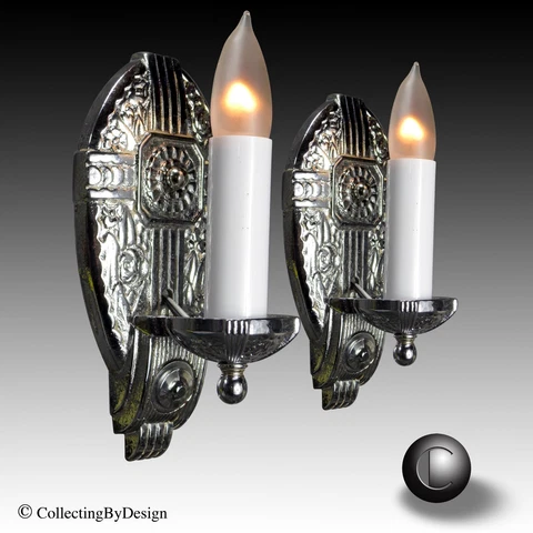 PAIR VTG Art Deco Chrome Plated Cast Iron Sconces c.1930 - RESTORED Cover