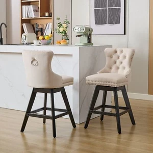2Set 25.9" Counter Height Bar Stools Swivel Velvet Bar Stools W/ Wood Legs Beige - Picture 1 of 23