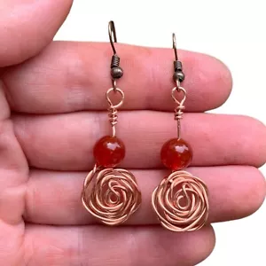 Delicate Copper Rose Designed Carnelian Bead Dangle Earrings Women's Jewelry - Picture 1 of 9