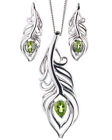 Sterling Silver Peridot Set Necklace Earring Peacock Feather Green Gemstones