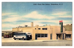 GREENSBORO, CAROLINA NORD - STAZIONE DEGLI AUTOBUS UNION - CARTOLINA D'EPOCA IN LINO - Foto 1 di 2