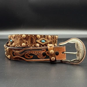 Damen Western Braun Leder Gürtel Türkis Rosegold Nieten Glitzer Größe 34 - Bild 1 von 7