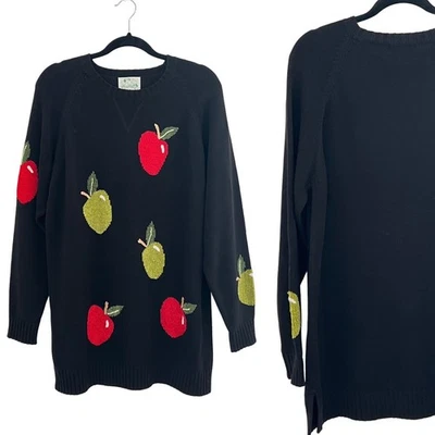 The Quacker Factory Apple Cotton Blend Cottagecore Sweater Knit Pullover Black L - Image 1 of 4