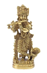 Elegant Brass Lord Krishna Idol Playing Flute with Peacock Statue Figurine - Picture 1 of 2