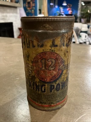Polvo de hornear etiqueta dorada lata de etiquetas de papel vintage, lata vacía alrededor de 1900 Foto 1 de 4