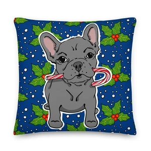 Blau Französische Bulldogge Weihnachten Dekokissen Urlaub Hund Zuckerstange Dekor - Bild 1 von 15