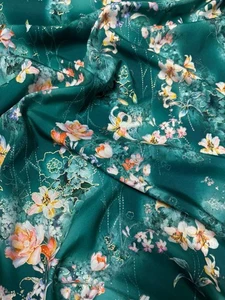 1 meter Dark Green/multi Coloured Floral Soft Crepe Dress Fabric 58” Wide - Picture 1 of 3