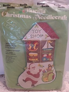 Vintage Bucilla Jeweled Christmas Santa's Toyshop Stocking Needlework Kit - Picture 1 of 7