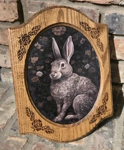Oval Framed Rabbit Bunny Art Wooden Floral Frame 13" x 9 3/4" - Picture 1 of 10