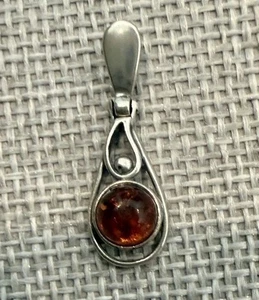 Sterling Silber Träne Anhänger mit Bernstein Cabochon, 1" Vintage Stil - Bild 1 von 4