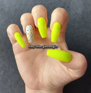 24 Fluorescent Neon Yellow Logo Press On False Nails Coffin Stiletto Square Oval - Picture 1 of 4