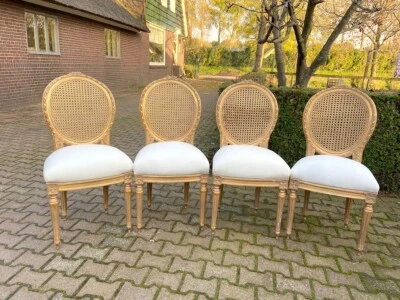 Dining Chairs Set 4 French Louis XVI Gold Leaf Cane Back Linen Vintage Elegant - Image 1 of 4