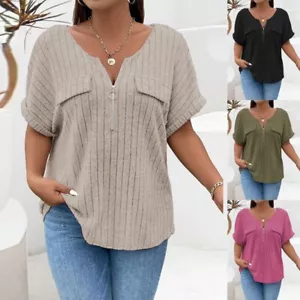 Plus Size Womens Round Neck Solid Short Sleeve T Shirts Ladies Summer Top Blouse - Picture 1 of 33
