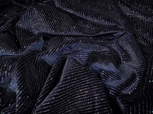 Couture Spandex Velvet Stretch Dress Fabric, Per Metre - Glitter Pinstripe Navy - Picture 1 of 3