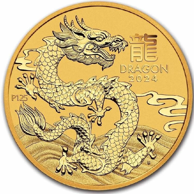 2024 AUSTRALIA LUNAR DRAGON PERTH MINT $15 1/10oz .9999 Pure 24k GOLD Coin - Image 1 of 2