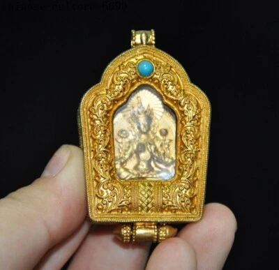 Tibetan bronze 24k gold Kwan-Yin GuanYin Goddess tara Buddha amulet Pendant - Image 1 of 4