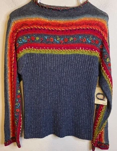 Vintage Susan Bristol PM handgestrickter handbestickter Pullover Grobstrick Langarm - Bild 1 von 7