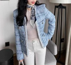 Damen Frühling Herbst Gewebt Wolle Tweed Kurz Jacke Anzug Büro Trenchcoat Blau - Bild 1 von 20