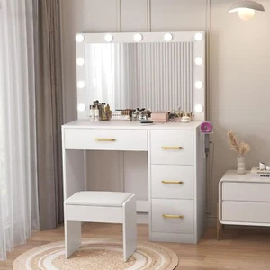 White Vanity Desk Set w/ Mirror Lights, USB Ports & Stool – Drawers for Makeup,A - Picture 1 of 7