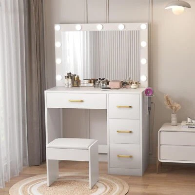 White Makeup Vanity Table with Mirror Lights 4 Drawers USB Charging and Stool - image 1 of 4