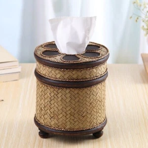 Woven Bamboo Tissue Box Cover with Stand Round Shape - Picture 1 of 4