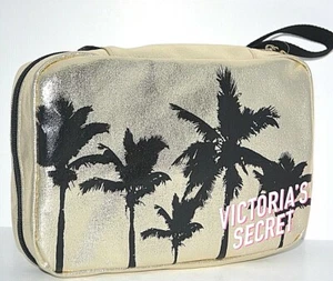 VICTORIA'S SECRET GOLD SPARKLY SHINY PALM TREES MAKE UP COSMETIC TOTE BAG PURSE - Picture 1 of 12