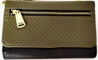 Fossil Preston 三折橄榄色/黑色穿孔皮革钱包无腕带 — 第 1/4 张图片