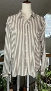 Jane + Delancey Womens Sz Med Beige Stripe Button Down Long Sleeve Blouse - Picture 1 of 12