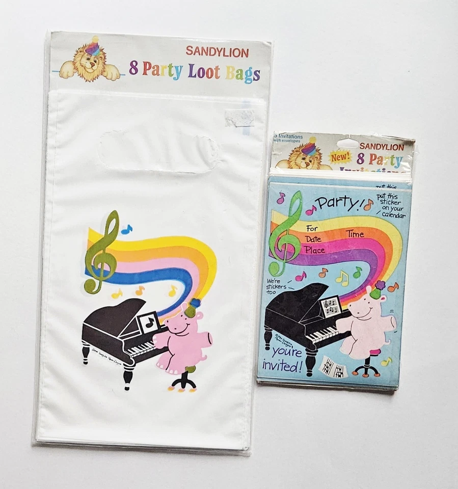 Vtg 80s Sandylion Invitation Stickers Loot Bags NIP Hippo Piano Birthday Party - Image 1 of 4