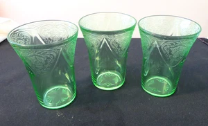 3 Depression Hazel Atlas Royal Lace Green 9 Oz Tumblers Great Cond 1934-41 - Picture 1 of 8
