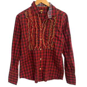 7 For All Mankind Red Tartan Plaid Ruffle Shirt Women’s Size Medium Western - Picture 1 of 9