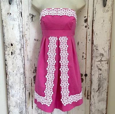 Vestido de Verano Lilly Pulitzer "Betsey" Talla 2 Para Mujer Rosa Blanco Encaje Sin Tirantes Foto 1 de 4