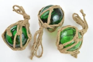 3 PCS REPRODUCTION GREEN GLASS FLOAT BALL WITH FISHING NET 3" #F-456 - Picture 1 of 1