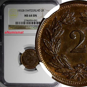 Switzerland Bronze 1932B 2 Rappen NGC MS64 BN FIRST YEAR FOR THE TYPE KM4.2a (2) - Picture 1 of 4