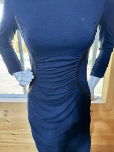 Cache Navy Blue Bodycon Sheath Dress Sz M Stylish Lined Faux Leather Black Trim! - Picture 1 of 8