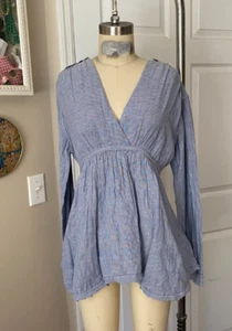 FREE PEOPLE Blue Striped Seersucker Belted waist Lounge Tunic shirt *X-SMALL* - Picture 1 of 5