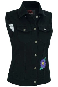 Women Denim Motorcycle Vest w/ Snap Front & Multi Pockets - Purple Daisy Design - Picture 1 of 4