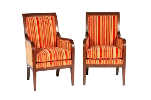 Pair of Baker Mahogany Armchairs Striped Fabric Cover