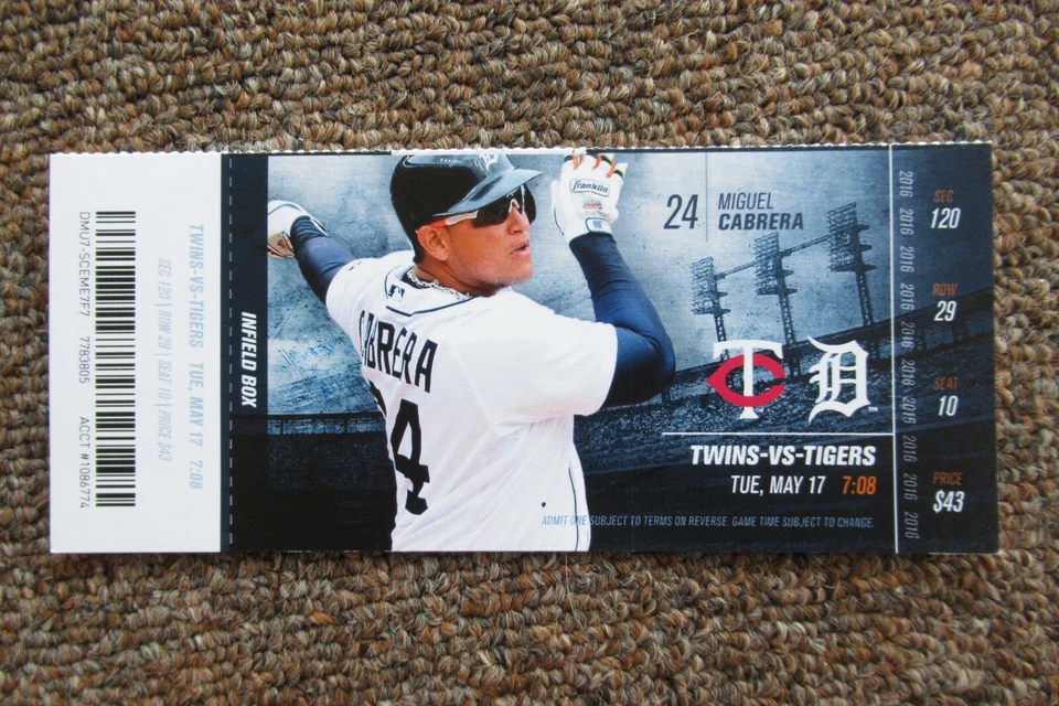 DETROIT TIGERS VS GEMELOS 17/05/2016 BOLETO COMPLETO ~ MAUER/SANO/KINSLER/MARTINEZ HRs Foto 1 de 1