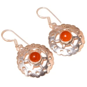 Cabochon Carnelian Round Gemstone Handmade Filigree Design Drop Dangle Earrings - Picture 1 of 3