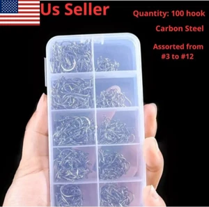 100 Pcs Carbon Steel Fishing Hooks with Box - Assorted Sizes 3 to 12 for Jigging - Picture 1 of 5