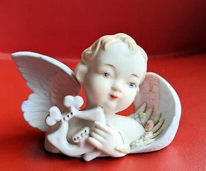 Vintage LEFTON China Bisque ANGEL Figurine Small CHERUB BUST 432 Harp - Picture 1 of 11