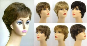 100% HUMAN HAIR WOMENS SHORT STRAIGHT SLIGHTLY WAVY WIG W/ WISPY BANGS SANDY - Picture 1 of 15