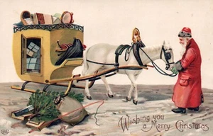 Ich wünsche dir frohe Weihnachten Weihnachtsmann mit Pferd und Schlitten Vintage Weihnachtsmann Postkarte - Bild 1 von 2