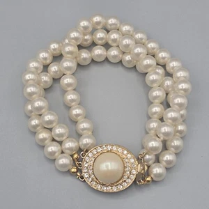 Pulsera de perlas de imitación de triple acero broche de caja decorativo acento de cristal 7" - Imagen 1 de 7