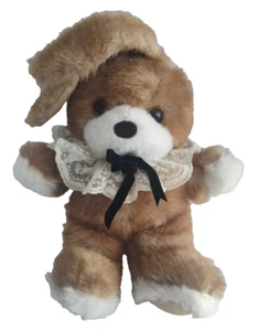 Commonwealth Brown Bunny Rabbit Plush Stuffed Animal 1984 Lace Collar Bow 10.5" - Picture 1 of 8