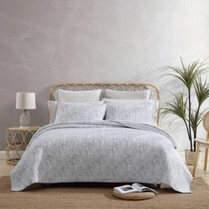 Tommy Bahama Quilt Set King 3Piece Distressed Water Leaves Botanical Cotton Gray - Picture 1 of 7