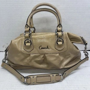 Coach Ashley Patent Leather Signature Sateen Satchel Beige Purse Shoulder Bag - Picture 1 of 8