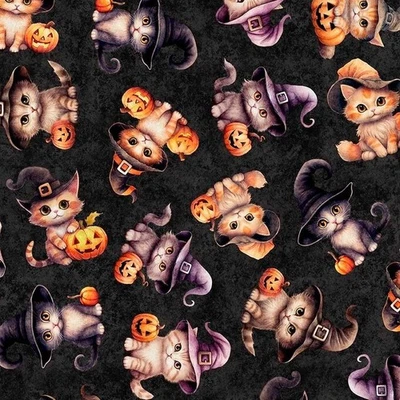 QUILTING TREASURES Feline Drive Fabric QT CUTIES Halloween Kittens Black - Sold by the Yard